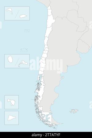 Leere Vektorkarte von Chile mit Regionen und Gebieten und Verwaltungseinheiten sowie Nachbarländern und Gebieten. Bearbeitbar und übersichtlich Stock Vektor