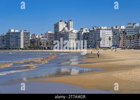 Playa de los Pocitos Strand am Ufer des Río de la Plata, Küstenbarrio der Stadt Montevideo, Uruguay, Südamerika Stockfoto