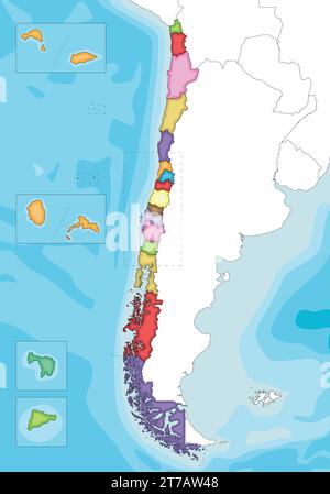Vektor illustrierte leere Karte von Chile mit Regionen und Gebieten und Verwaltungseinheiten sowie Nachbarländern und Gebieten. Bearbeitbar Stock Vektor