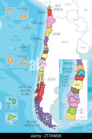 Vektor-illustrierte Karte von Chile mit Regionen und Gebieten und Verwaltungseinheiten sowie Nachbarländern und Gebieten. Editierbar und cl Stock Vektor