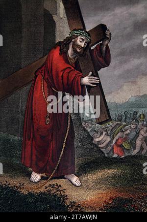 Illustration von Christus mit dem Kreuz (Johannes XIX.17) aus der selbstinterpretierenden Familienbibel Stockfoto