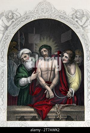 Illustration von Jesus Christus, der die Dornenkrone trägt, mit Pontius Pilatus (Johannes XIX.5) aus der selbstinterpretierenden Familienbibel Stockfoto