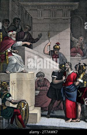 Illustration Christi vor Kaiphas im Sanhedrin-Prozess Jesu (Johannes) aus der selbstinterpretierenden Familienbibel Stockfoto