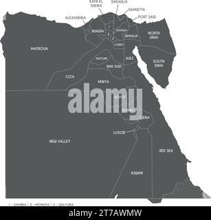 Vektorkarte von Ägypten mit Gouvernements oder Provinzen und Verwaltungsabteilungen. Bearbeitbare und klar beschriftete Ebenen. Stock Vektor