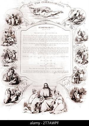 Illustration der zehn Gebote (Exodus) aus der selbstinterpretierenden Familienbibel Stockfoto