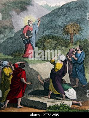 Illustration von Moses, der den Berg Sinai absteigt und die Bündnistafeln (Exodus XXXIV.29) aus der selbstinterpretierenden Familienbibel hält Stockfoto