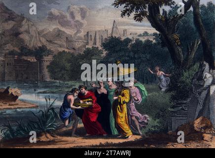 Illustration des von der Tochter des Pharaos erhaltenen Baby Moses (Exodus XI.5) aus der selbstinterpretierenden Familienbibel Stockfoto