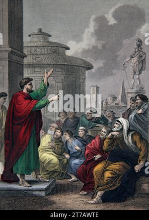 Illustration der Predigt Paulus in Athen (Areopagus Predigt) (Apostelgeschichte XVII.22) aus der selbstinterpretierenden Familienbibel Stockfoto