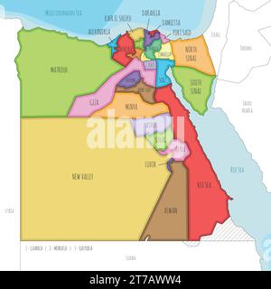 Vektor-illustrierte Karte von Ägypten mit Gouvernements oder Provinzen und Verwaltungsabteilungen und Nachbarländern. Bearbeitbar und eindeutig beschriftet Stock Vektor