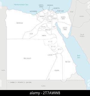 Vektorkarte von Ägypten mit Gouvernements oder Provinzen und Verwaltungsabteilungen sowie Nachbarländern. Bearbeitbare und klar beschriftete Ebenen. Stock Vektor