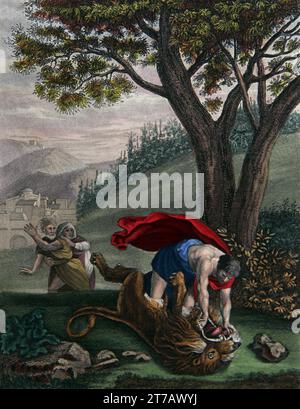 Illustration von Samson, der den Löwen tötet (Richter XIV.6) aus der selbstinterpretierenden Familienbibel Stockfoto