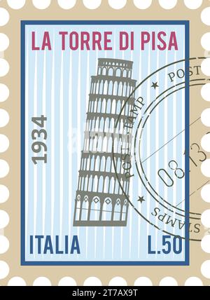 Briefmarke mit SCHIEFEM TURM VON PISA berühmtes Wahrzeichen von PISA, ITALIEN Stock Vektor