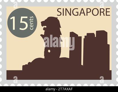 Poststempel mit Skyline der Stadt MERLION berühmtes Wahrzeichen von SINGAPUR Stock Vektor