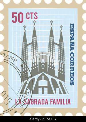 Poststempel mit SAGRADA Família berühmtem Wahrzeichen von BARCELONA, SPANIEN Stock Vektor