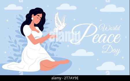 Taube des Friedens und der Frau. Friedenssymbol, horizontales Banner. Stock Vektor