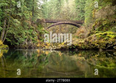 Dies ist die Fußgängerbrücke am Moulton Falls Regional Patk im Bundesstaat Washington. Er liegt am Zusammenfluss des East Fork des Lewis River und des Big Tree C Stockfoto