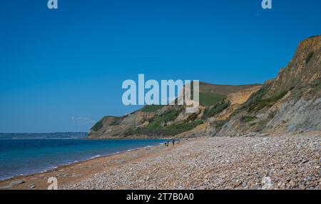 Blick entlang des Strandes von Eype Mouth, Dorset, England, Großbritannien, mit Blick nach Westen entlang der Jurassic Coast in Richtung Thornecombe Beacon, Stockfoto