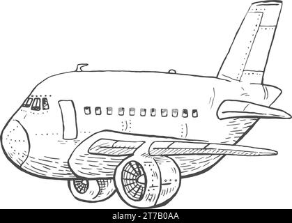 Flugzeuglinienzeichnung Schwarze Und Weiße Vektorillustration Isoliert In Weißem Hintergrund Stock Vektor