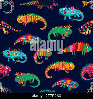 Zeichentrickfilm mexikanische Leguana-Echsen-Charaktere, nahtloser Vektor-Muster-Hintergrund. Farbenfrohe exotische Muster von Leguana-Echsentieren mit mexikanischem volkstümlichem Ornament, Reptilien im lateinischen alebrije-Muster Stock Vektor