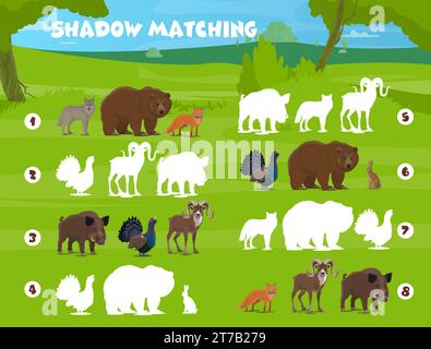 Schatten-Matching-Spiel, Wald Jagd Tiere und Vögel, Vektor Kinder Quiz Arbeitsblatt. Wilde Bären, Fuchs und Wolf mit Auerhühnern, Bergziegen und Hasen – finden und passen Sie im Puzzle-Spiel dieselbe Silhouette an Stock Vektor