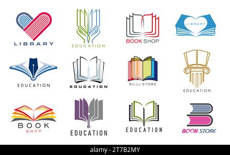 Symbole für Lehrbücher. Bibliothek, Geschäft, Wörterbuch Vektor-Symbole Satz von offenen Büchern mit herzförmigen Farbseiten, Händen, Vintage Füllfederfeder und antike griechische Spalte. Bücherladen- oder Bibliotheksschild Stock Vektor
