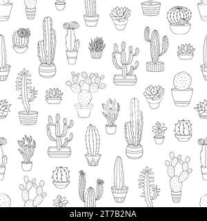 Outline Cactus Sukkulents nahtloses Muster. Tapete oder textiler Sommerdruck, monochromes Vektormuster mit Wüstenpflanzen. Dünner, nahtloser Hintergrund aus Stoff mit Kakteen in Blumentöpfen Stock Vektor