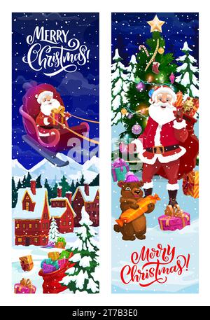 Weihnachtsbanner mit dem Weihnachtsmann. Vektor Merry Xmas Grußkarten mit Cartoon Vater Noel Reit Hirschschlitten und hält Geschenke Sack am dekorierten Baum mit Geschenken liegen auf Schnee und lustigen Bären Stock Vektor