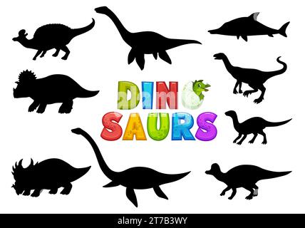 Cartoon Dinosaurier niedliche Charaktere Silhouetten. Ausgestorbenes Tier, prähistorische Eidechsenkomische Vektorfigur. Plesiosaurus, Centrosaurus, Elasmosaurus und Plateosaurus, Jaxartosaurus, Raptor süßes Maskottchen Stock Vektor