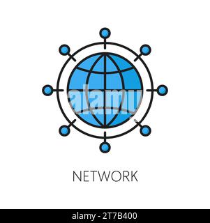 Netzwerk. CDN Symbol für Content Delivery Network, Systemzeichen für Datenverwaltung und Veröffentlichung im Internet-Netzwerk, Upload- und Update-Service für Website-Datenbanken, CDN-Zeilenvektorsymbol oder Piktogramm mit Globus Stock Vektor