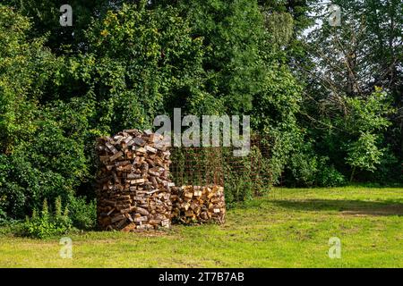 Geerntetes Brennholz, eingezäunt mit einem Metallgitter am Waldrand. Grüne Bäume im Hintergrund. Stockfoto