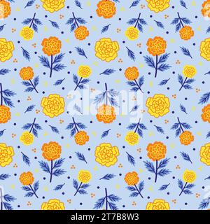 Gelbe und orangefarbene Ringelblumen auf blauem nahtlosem Muster Stockfoto