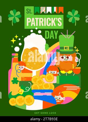 Helle moderne Illustration für St.. Patrick's Day. Ein fröhlicher Zwerg, ein Kleeblatt, Bier, ein Regenbogen und ein Topf mit glitzerndem Gold. Stock Vektor