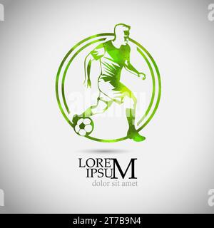Fußballspieler mit grünem Ball-Logo. Handzeichnung. Nicht AI. Vektorabbildung Stock Vektor
