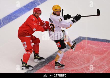 Trinec, Tschechische Republik. November 2023. L-R Jakub Jerabek (Trinec) und Filip Sandberg (Skelleftea) spielten am 14. November 2023 in Trinec (Tschechische Republik) beim Eröffnungsspiel der Champions Hockey League HC Ocelari Trinec gegen Skelleftea AIK. Quelle: Jaroslav Ozana/CTK Photo/Alamy Live News Stockfoto