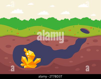 Unterirdische Mine mit Goldnuggets. Illustration des flachen Vektors. Stock Vektor
