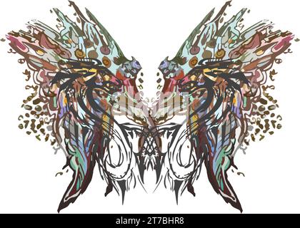 Mehrfarbige Drachen-Schmetterlingsflügel auf weiß für Prints auf T-Shirts oder Stoffen. Detailliertes Schmetterlingssymbol für Embleme, Geschäftskonzepte, Tattoos Stockfoto