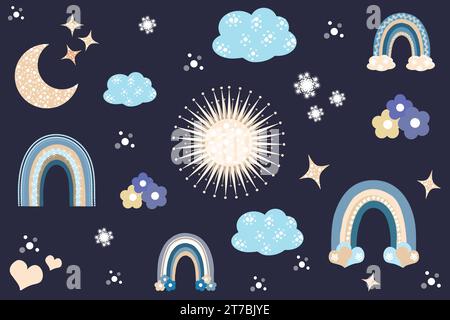 Baby Boho Set. Süßer Bohemian Teppich, Wandteppich, Poster. Comic Regenbogen, Sonne, Sterne, Mond, Blumen, Schneeflocken, Wolken. Stock Vektor