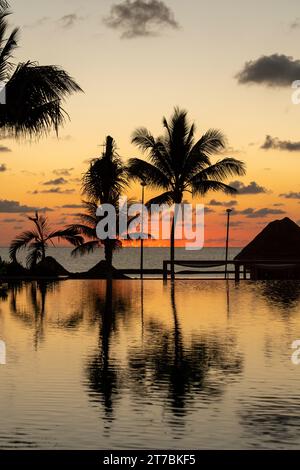 Sonnenaufgang über dem Golf von Mexiko spiegelt sich in den Infinity-Pool im Resort Stockfoto