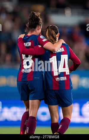 Sant Joan Despi, Spanien, 14. November 2023. Spanien-Fußball-Frauen Champions League-Gruppe A-FC Barcelona gegen SL Benfica. (08) Marta Torrejón und (14) Aitana Bonmati. Quelle: Joan Gosa/Alamy Live News Stockfoto