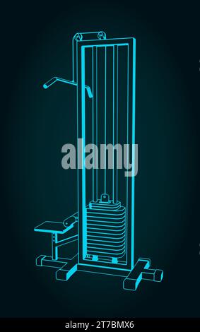 Stilisierte Vektor-Illustration des Blueprints der Lat Pulldown-Maschine Stock Vektor