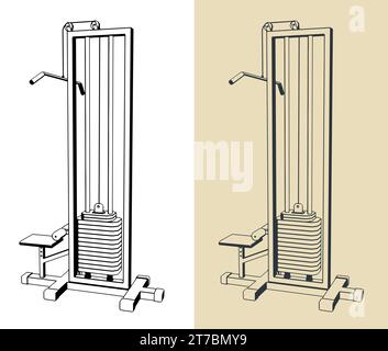 Stilisierte Vektorillustrationen von Fitnessgeräten. Lat Pulldown-Maschine Stock Vektor