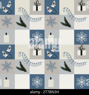 Nahtloses Muster mit weihnachtlichen Elementen. Festliches Neujahrsdekor mit Fichte, Weihnachtskugel, Spielzeug, Schneeflocken, Fäustlingen, Geschenkbox, Weihnachtsbaum Stock Vektor