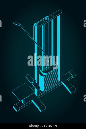 Stilisierte Vektorillustration des isometrischen Blueprints der lat Pulldown-Maschine Stock Vektor