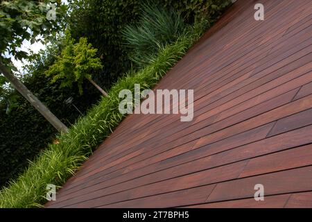 Hölzerne braune Terrassendielen ipe Textur und Gartengrün mit immergrünem Ziergras auf Hintergrund Stockfoto