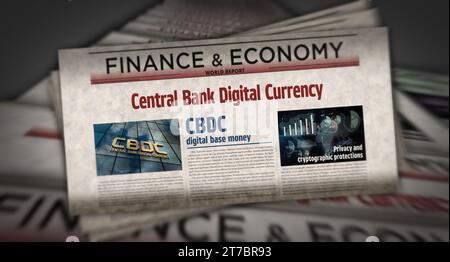 CBDC Central Bank Digital Currency und Kryptogeld Vintage News und Zeitungsdruck. Abstraktes Konzept Retro-Schlagzeilen 3D-Illustration. Stockfoto