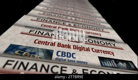 CBDC Central Bank Digital Currency und Kryptogeld Vintage News und Zeitungsdruck. Abstraktes Konzept Retro-Schlagzeilen 3D-Illustration. Stockfoto