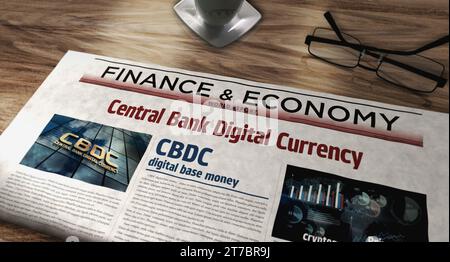 CBDC Central Bank Digital Currency und Kryptogeld Vintage News und Zeitungsdruck. Abstraktes Konzept Retro-Schlagzeilen 3D-Illustration. Stockfoto