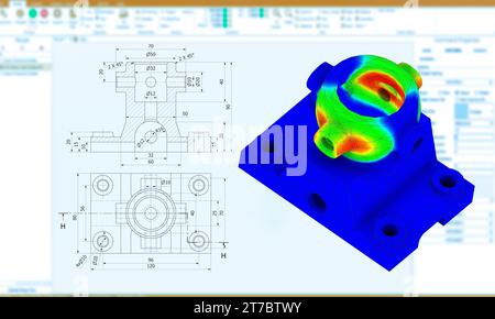 FEM-Analyse an mechanischen Metallverbindungen zur Berechnung von Widerstand, Spannung und Kräften vor dem Produktionsprozess Stockfoto
