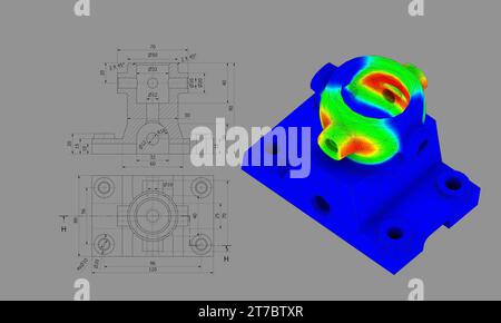 FEM-Analyse an mechanischen Metallverbindungen zur Berechnung von Widerstand, Spannung und Kräften vor dem Produktionsprozess Stockfoto