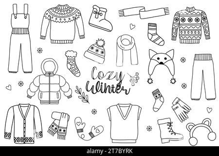 Satz von gemütlichen warmen Winterkleidung und Accessoires, Bleib warm Konzept, Doodle Stil flache Vektor Umrissillustration für Kinder Malbuch Stock Vektor